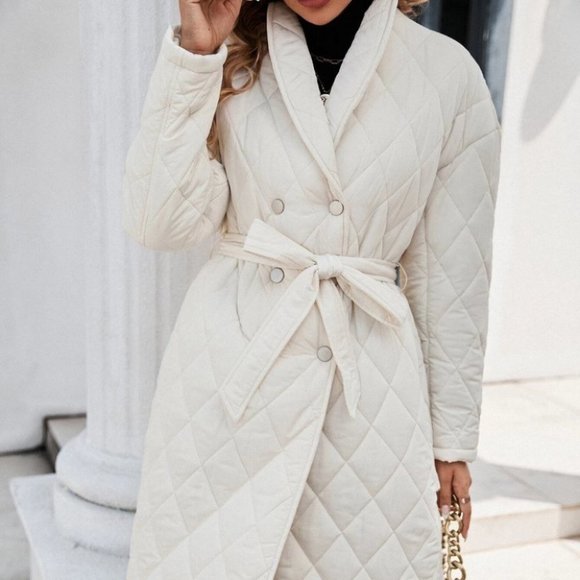 chic double breasted quilted coat belted classy streetwear - Picture 4 of 6